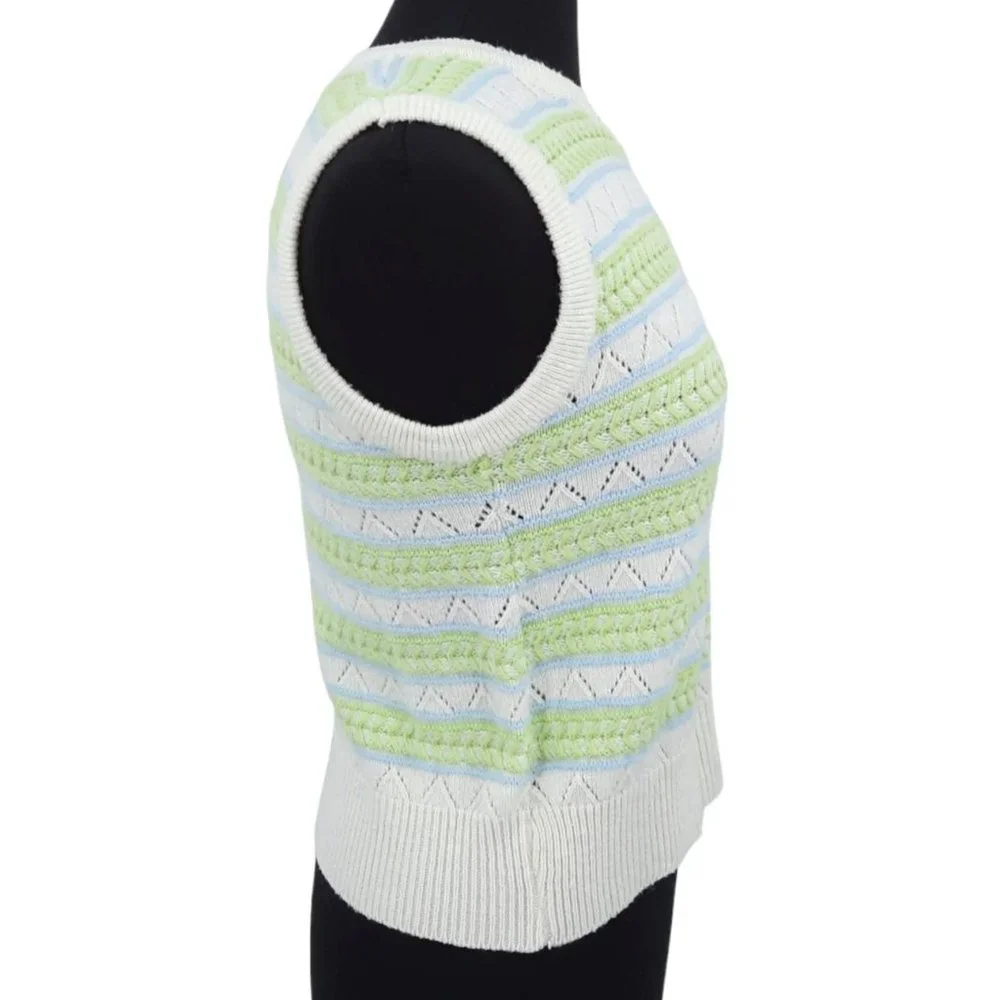 VTG 60s Wintuk Green Blue Stripe Sleeveless Knit Top Cardigan Twin Set Size S - Picture 7 of 9